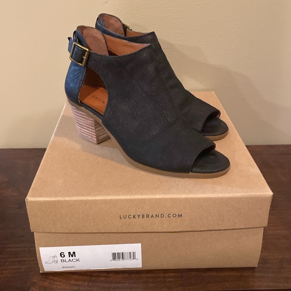 Lucky Brand Black Heeled Boots with Peep Toe and Suede Finish